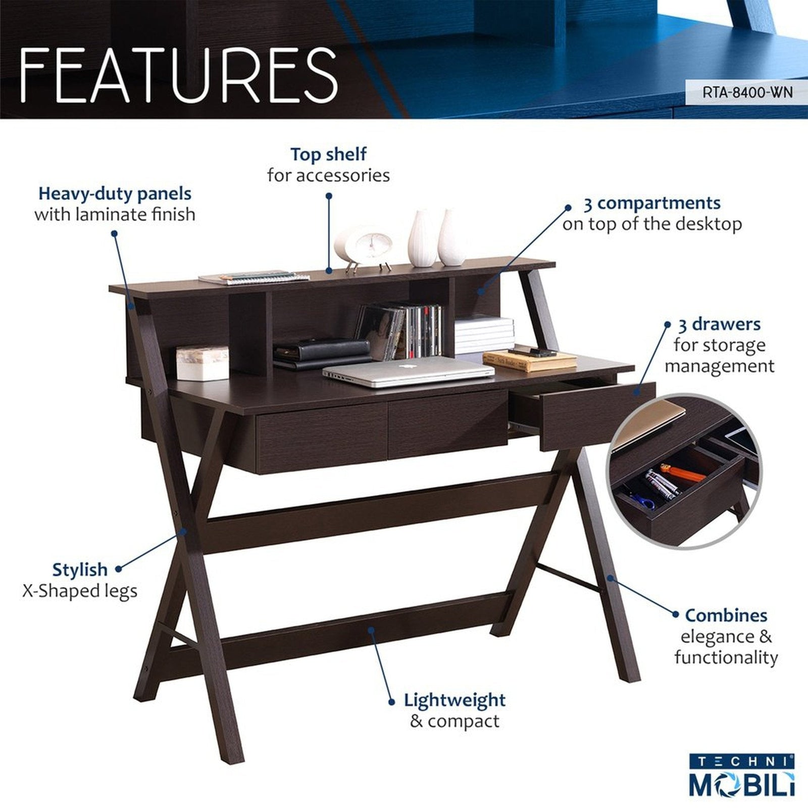 Techni Mobili Writing Desk with Storage, Wenge by Level Up Desks