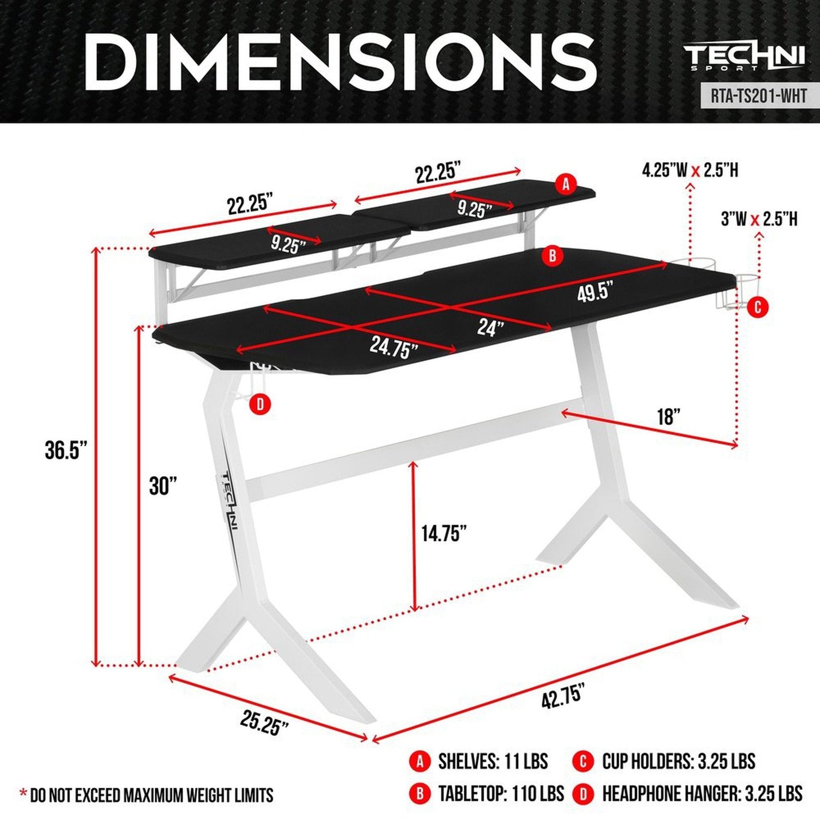 Techni Sport White Stryker Gaming Desk, White by Level Up Desks