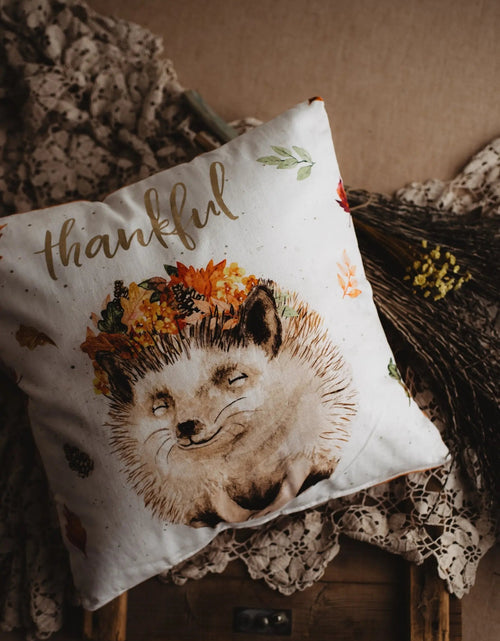 Load image into Gallery viewer, Thankful Hedgehog Pillow Cover | 16x16 Throw Pillow Thanksgiving Décor | Farmhouse Pillows | Country Decor | Fall Throw Pillows | Gift by UniikPillows
