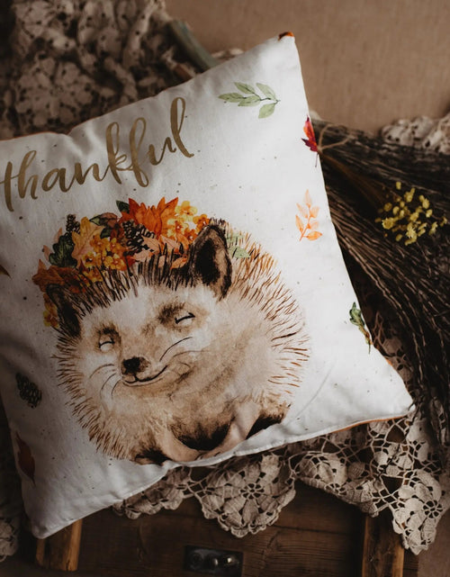 Load image into Gallery viewer, Thankful Hedgehog Pillow Cover | 16x16 Throw Pillow Thanksgiving Décor | Farmhouse Pillows | Country Decor | Fall Throw Pillows | Gift by UniikPillows
