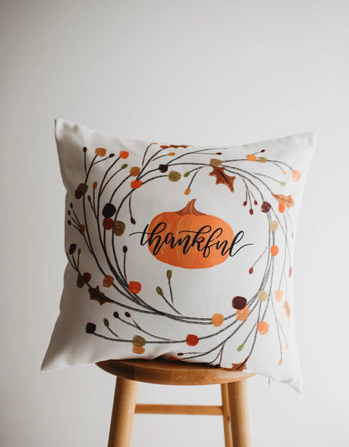 Load image into Gallery viewer, Thankful Primitive Pumpkin Wreath Pillow Cover |  Thanksgiving Décor | Farmhouse Pillows | Country Decor | Fall Throw Pillows | Gift for her by UniikPillows
