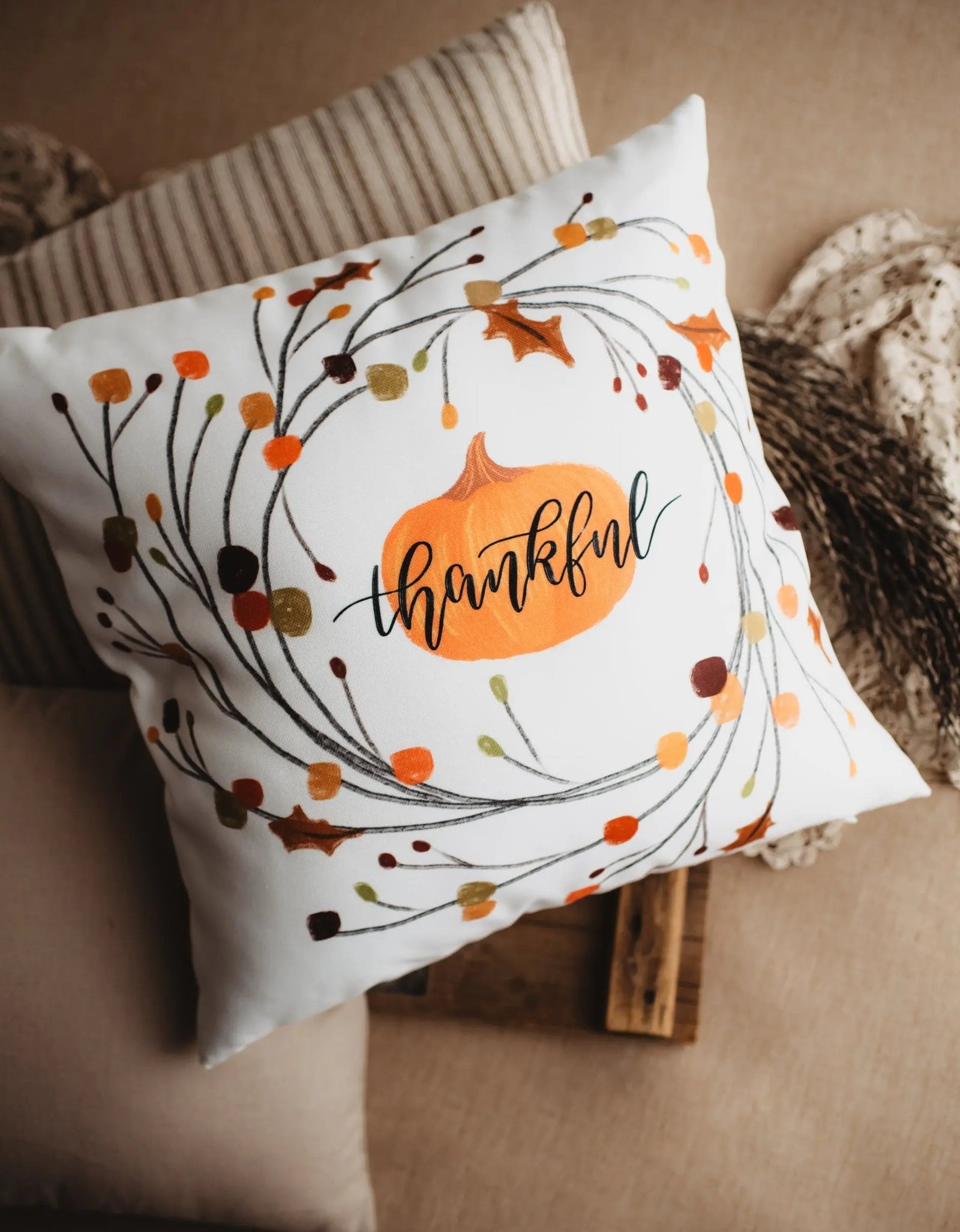Thankful Primitive Pumpkin Wreath Pillow Cover |  Thanksgiving Décor | Farmhouse Pillows | Country Decor | Fall Throw Pillows | Gift for her by UniikPillows