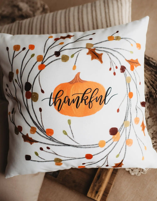 Load image into Gallery viewer, Thankful Primitive Pumpkin Wreath Pillow Cover |  Thanksgiving Décor | Farmhouse Pillows | Country Decor | Fall Throw Pillows | Gift for her by UniikPillows
