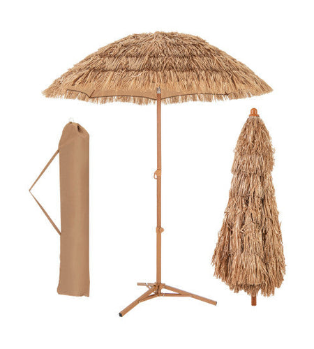 6.5 Feet Thatched Tiki Umbrella with Foldable Stand Push Button Tilt-Natural