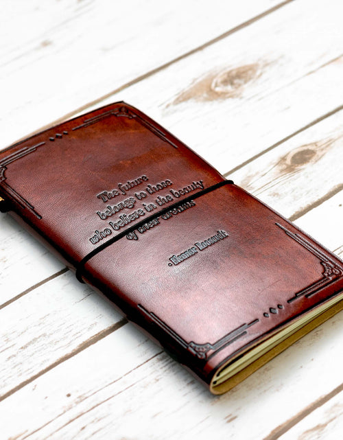 Load image into Gallery viewer, The Future Belongs Eleanor Roosevelt Quote Leather Journal - 8x6 Size by Soothi
