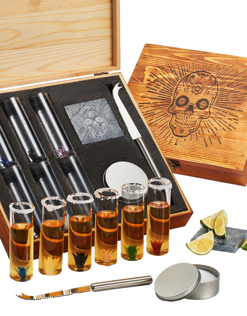 Load image into Gallery viewer, Tequila Shot Glass &amp; Salt Gift Set for Men &amp; Women | Six Agave Shot Glasses, Knife For Limes, One Skull Coaster, One Salt Tin | Skeleton Mahogany Wood Box Package For Tequila, Liquor Lovers by The Wine Savant
