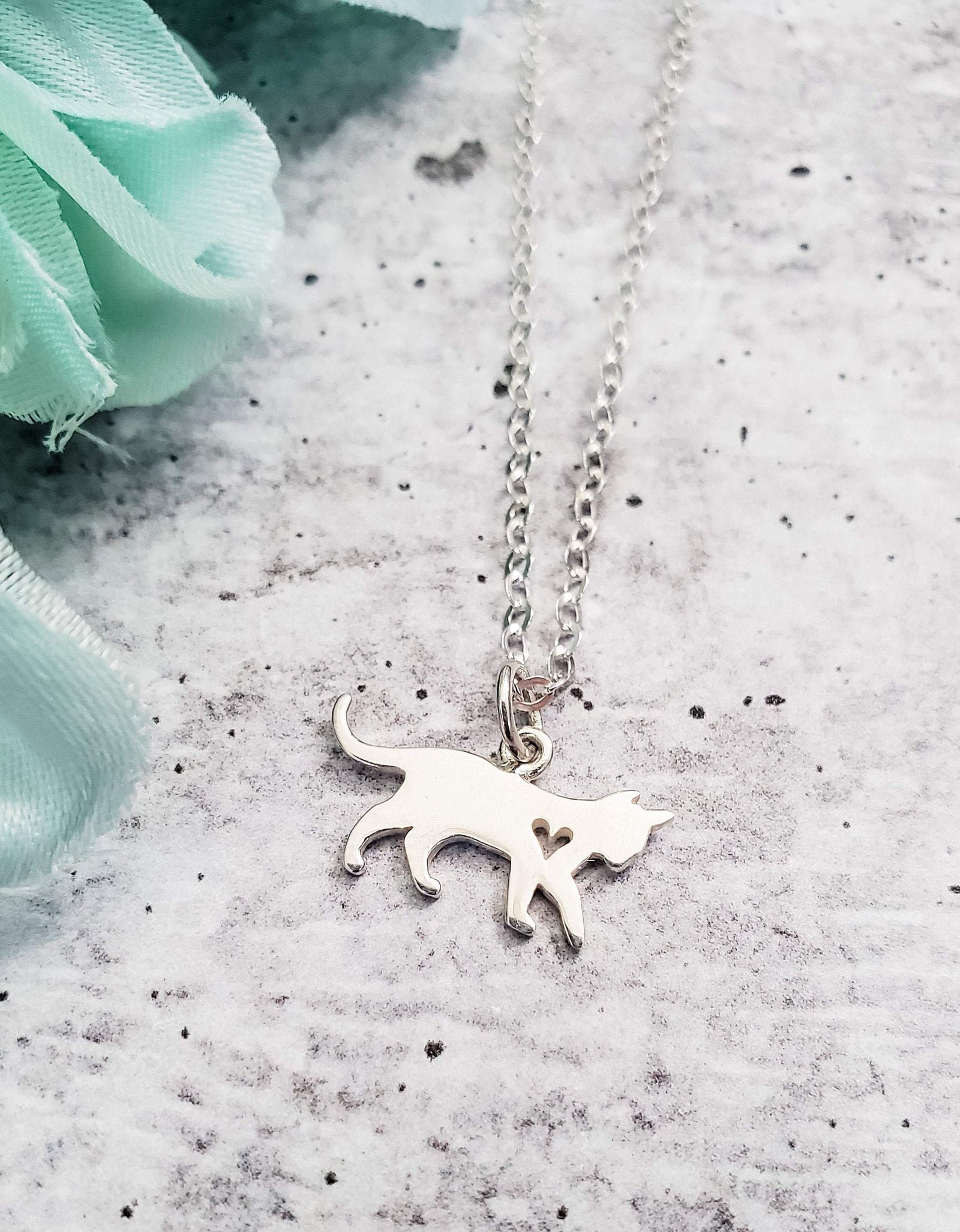 Tiny Cat Initial Pendant Silver Necklace by Salt and Sparkle