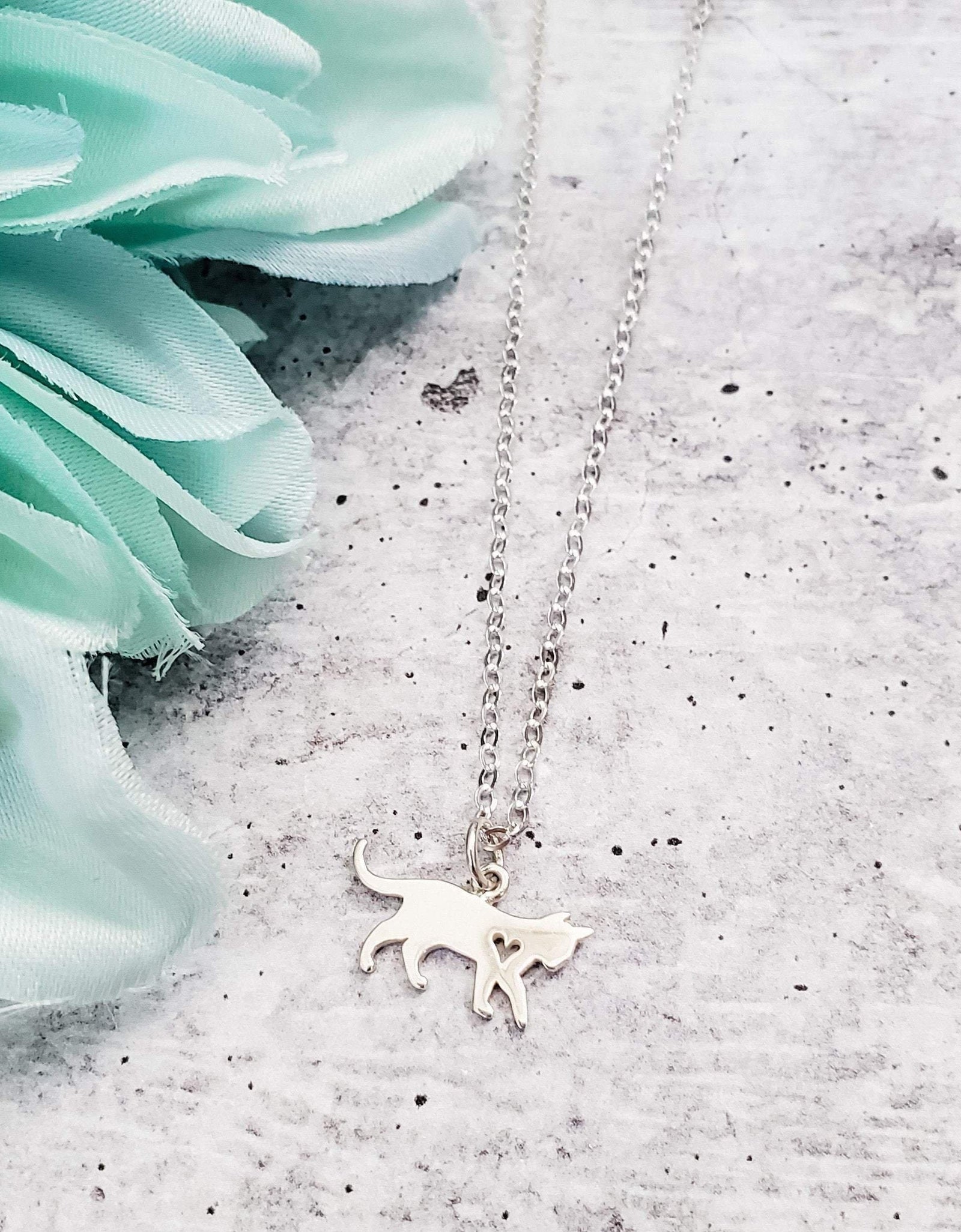 Tiny Cat Initial Pendant Silver Necklace by Salt and Sparkle