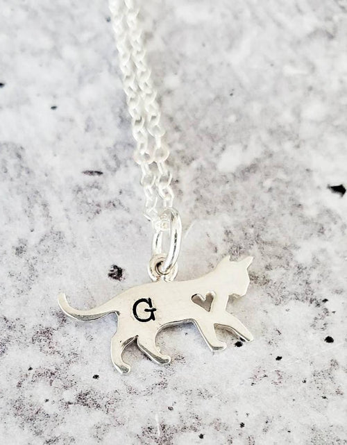 Load image into Gallery viewer, Tiny Cat Initial Pendant Silver Necklace by Salt and Sparkle
