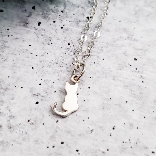 Load image into Gallery viewer, Tiny Cat Silver Initial Necklace by Salt and Sparkle
