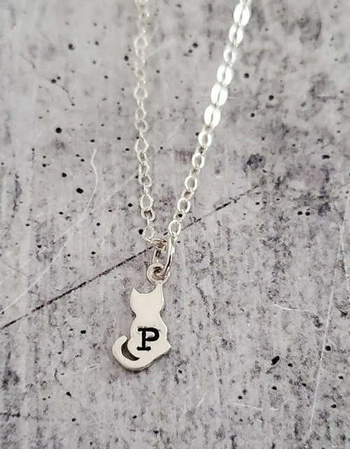 Load image into Gallery viewer, Tiny Cat Silver Initial Necklace by Salt and Sparkle
