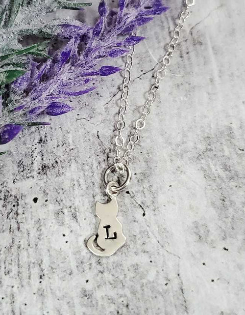 Load image into Gallery viewer, Tiny Cat Silver Initial Necklace by Salt and Sparkle
