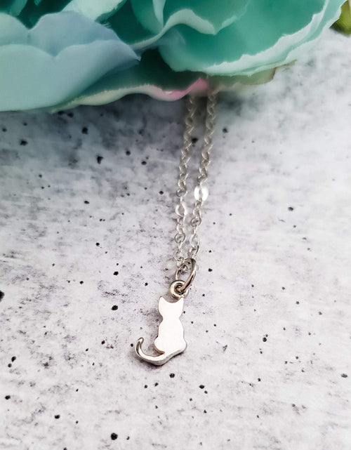 Load image into Gallery viewer, Tiny Cat Silver Initial Necklace by Salt and Sparkle
