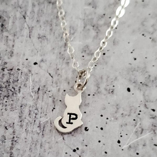 Load image into Gallery viewer, Tiny Cat Silver Initial Necklace by Salt and Sparkle
