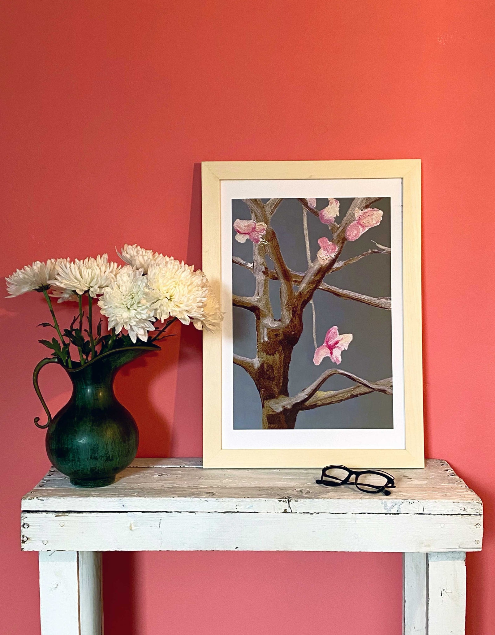 Art Print:  Tree with Pink Flowers on Dark Grey by India & Purry