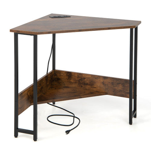 Load image into Gallery viewer, Triangle Computer Corner Desk with Charging Station-Rustic Brown
