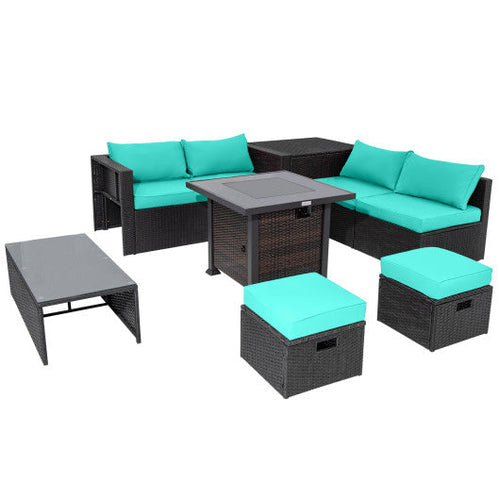 Load image into Gallery viewer, 9 Pieces Patio Furniture Set with 32” Fire Pit Table and 50000 BTU Square Propane Fire Pit-Turquoise
