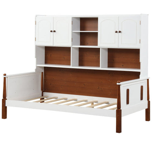Load image into Gallery viewer, Twin Bed with Bookcase with Shelves and  Wooden Slat Support No Box Spring Needed for Living Room Bedroom-White

