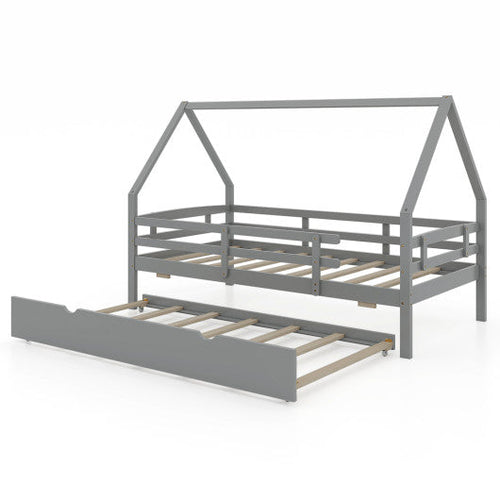 Load image into Gallery viewer, Twin House Bed with Trundle and Fence Rail-Gray
