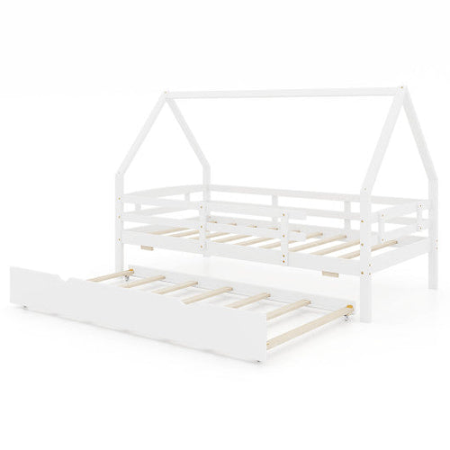 Load image into Gallery viewer, Twin House Bed with Trundle and Fence Rail-White
