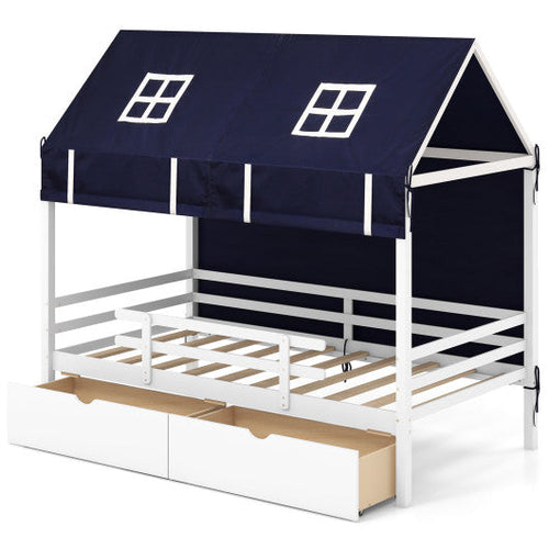 Load image into Gallery viewer, Twin House Bed with Tent and 2 Storage Drawers for Kids-White

