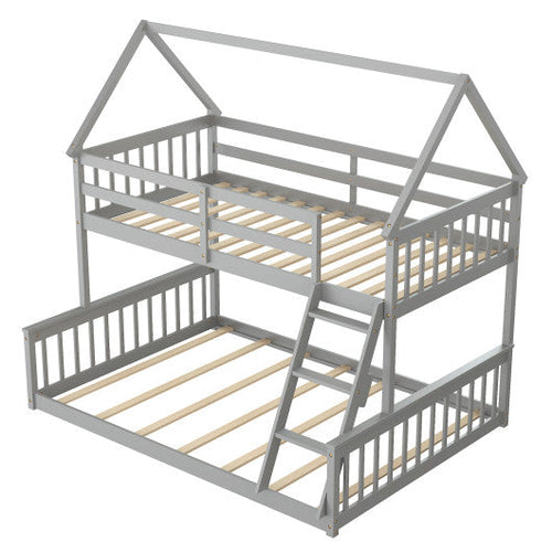 Load image into Gallery viewer, Twin Over Full House Bunk Bed with Ladder and Guardrails-Gray
