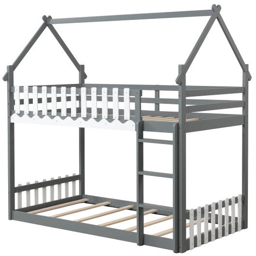 Load image into Gallery viewer, Twin Over Twin Bunk Bed with Fence and Ladder for Kids-Gray
