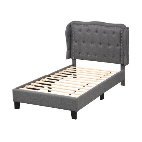 Load image into Gallery viewer, Twin Size Bed Frame with Button Tufted Wingback Headboard and Storage Space-Gray
