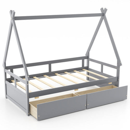 Load image into Gallery viewer, Twin Size House Bed with Roof and Safety Guardrail-Gray
