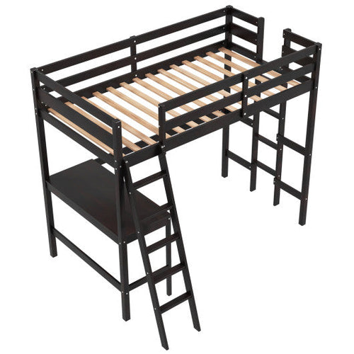 Load image into Gallery viewer, Twin Size Loft Bed Frame with Desk Angled and Built-in Ladder-Espresso
