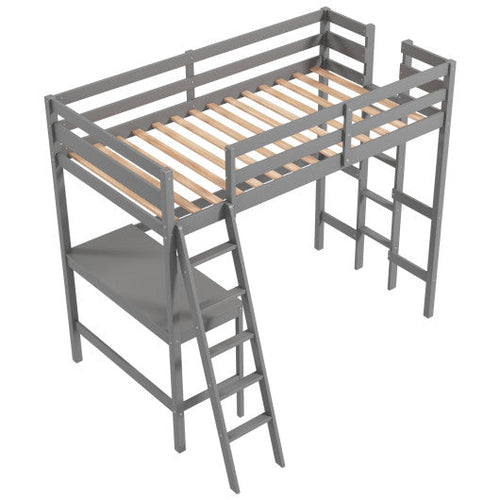 Load image into Gallery viewer, Twin Size Loft Bed Frame with Desk Angled and Built-in Ladder-Gray
