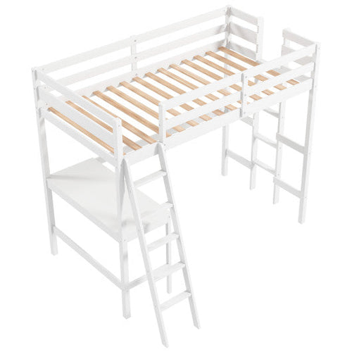 Load image into Gallery viewer, Twin Size Loft Bed Frame with Desk Angled and Built-in Ladder-White

