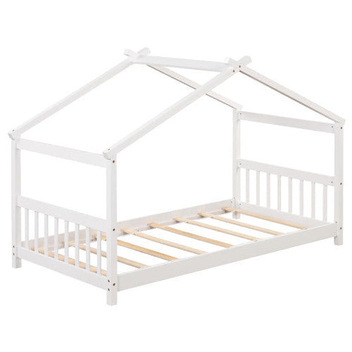 Load image into Gallery viewer, Twin Size Wooden House Bed with Roof-White
