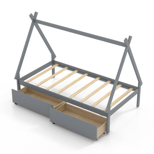 Load image into Gallery viewer, Twin Size Wooden Tent Platform House Bed with 2 Drawers-Gray
