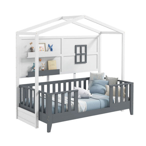 Load image into Gallery viewer, Twin Wood House Bed Montessori Floor Bed with 2 Shelves and Guardrails-Gray &amp; White

