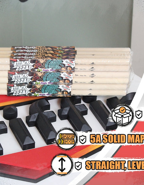 Load image into Gallery viewer, 12 Pairs of Select Elite Maple Wood Drum Sticks by GRIFFIN Attack Zzzap - Size 5A Premium Balanced, Level and Straight - Drummers Percussion Classic Pure Grit Uncoated, Raw Wood Drumming Sticks by GeekStands.com
