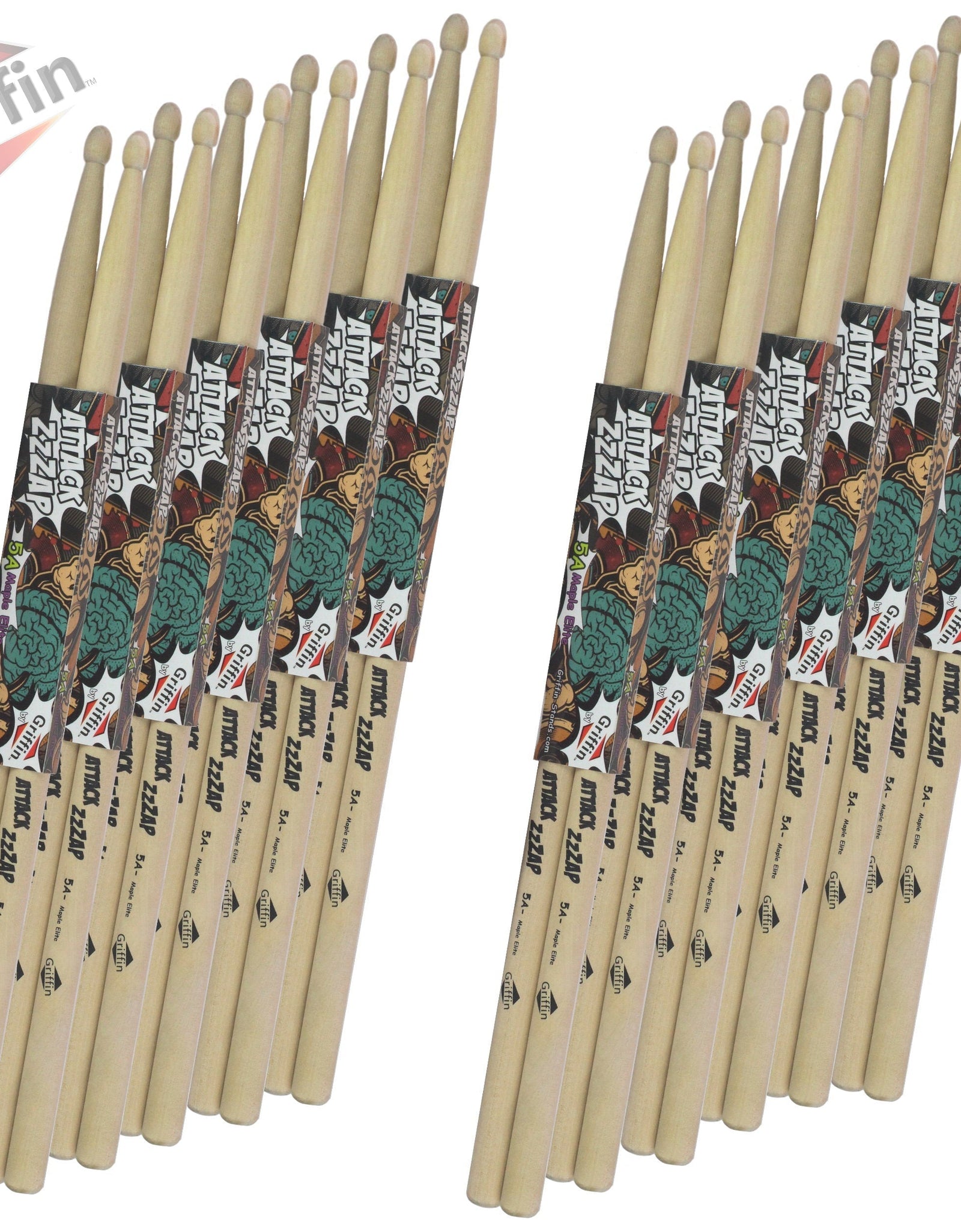 12 Pairs of Select Elite Maple Wood Drum Sticks by GRIFFIN Attack Zzzap - Size 5A Premium Balanced, Level and Straight - Drummers Percussion Classic by GeekStands.com