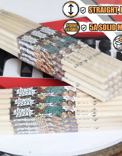 Load image into Gallery viewer, GRIFFIN Attack Zzzap Drum Sticks - 24 Pairs of Select Elite Maple Wood Size 5A - Drummers Percussion Classic Pure Grit Uncoated, Raw Wood Drumming Sticks by GeekStands.com
