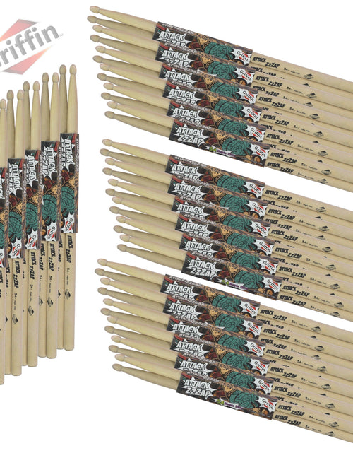 Load image into Gallery viewer, GRIFFIN Attack Zzzap Drum Sticks - 24 Pairs of Select Elite Maple Wood Size 5A - Drummers Percussion Classic Pure Grit Uncoated, Raw Wood Drumming Sticks - Premium Balanced, Level and Straight by GeekStands.com
