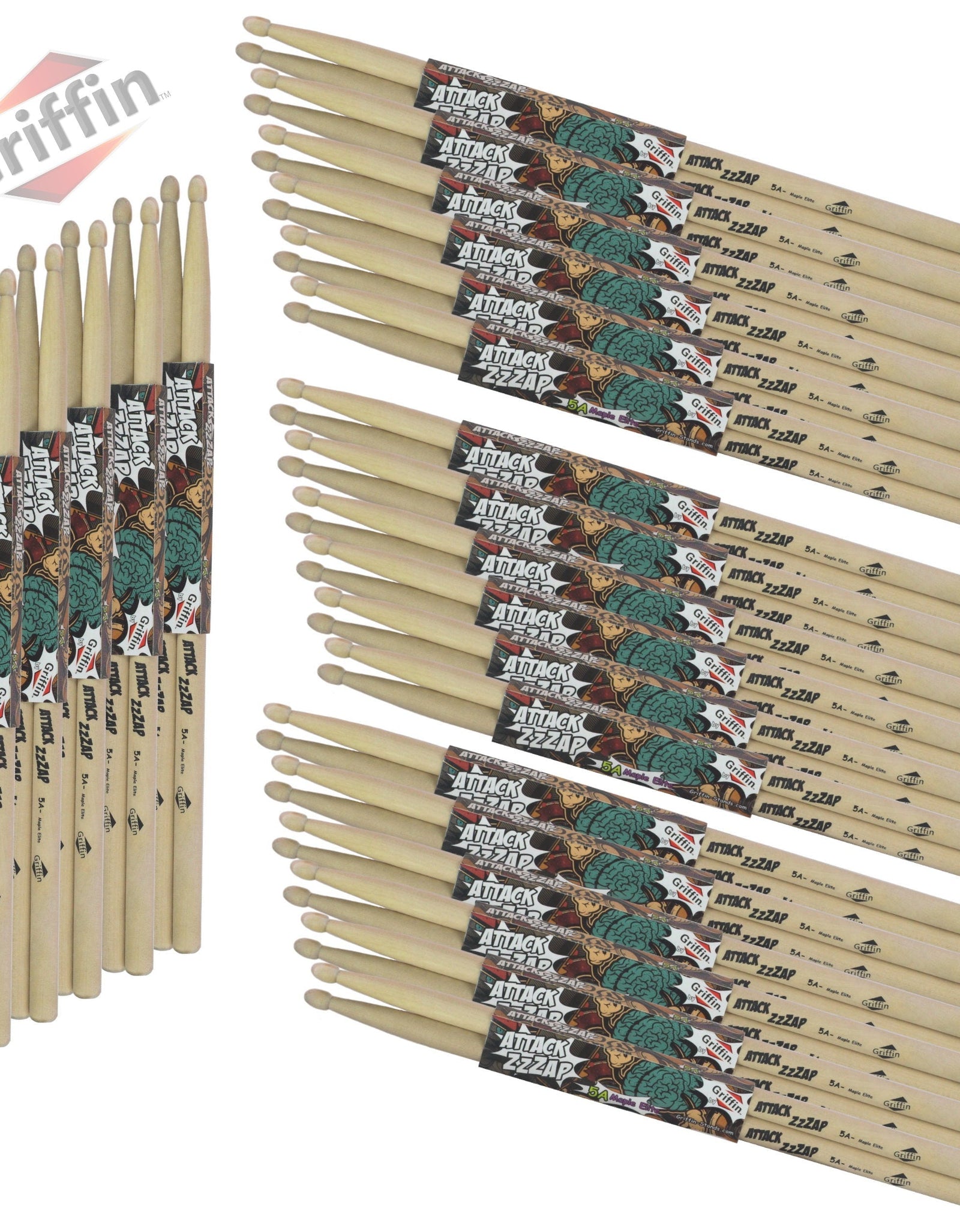 GRIFFIN Attack Zzzap Drum Sticks - 24 Pairs of Select Elite Maple Wood Size 5A - Drummers Percussion Classic Pure Grit Uncoated, Raw Wood Drumming Sticks - Premium Balanced, Level and Straight by GeekStands.com