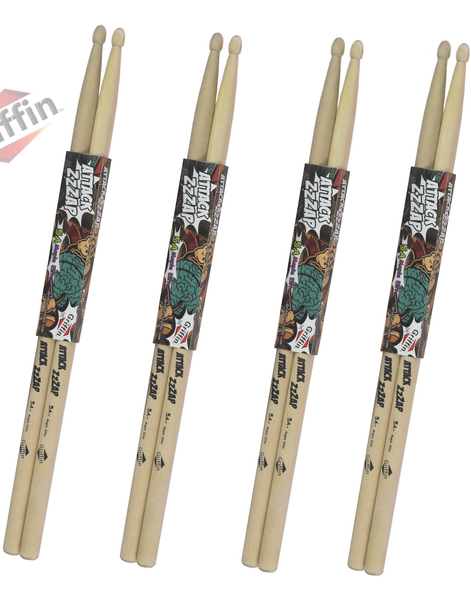 GRIFFIN Attack Zzzap Drum Sticks - 4 Pairs of Select Elite Maple Wood Size 5A - Premium Balanced, Level and Straight - Drummers Percussion Classic Pure Grit Uncoated, Raw Wood Drumming Sticks by GeekStands.com