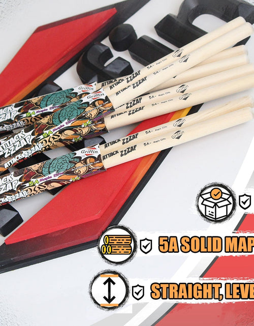 Load image into Gallery viewer, GRIFFIN Attack Zzzap Drum Sticks - 4 Pairs of Select Elite Maple Wood Size 5A - Premium Balanced, Level and Straight - Drummers Percussion Classic Pure Grit Uncoated, Raw Wood Drumming Sticks by GeekStands.com
