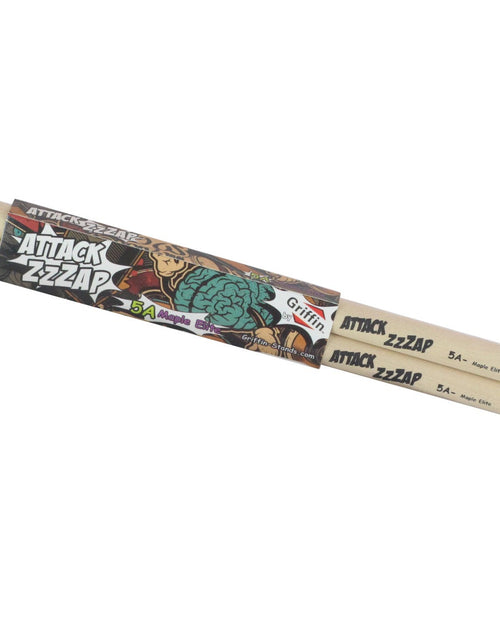 Load image into Gallery viewer, 12 Pairs of Select Elite Maple Wood Drum Sticks by GRIFFIN Attack Zzzap - Size 5A Premium Balanced, Level and Straight - Drummers Percussion Classic Pure Grit Uncoated, Raw Wood Drumming Sticks by GeekStands.com
