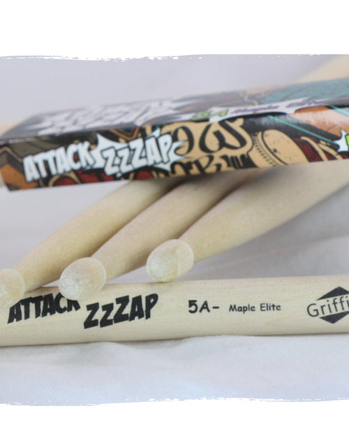 Load image into Gallery viewer, GRIFFIN Attack Zzzap Drum Sticks - 4 Pairs of Select Elite Maple Wood Size 5A - Premium Balanced, Level and Straight - Drummers Percussion Classic Pure Grit Uncoated, Raw Wood Drumming Sticks by GeekStands.com
