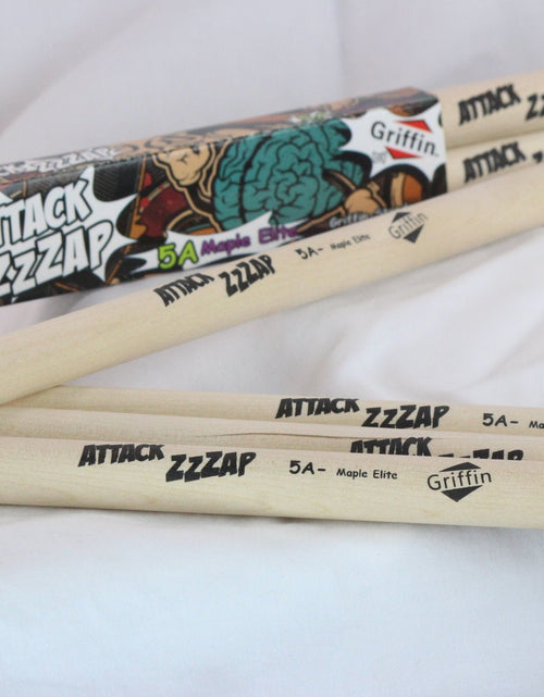 Load image into Gallery viewer, GRIFFIN Attack Zzzap Drum Sticks - 4 Pairs of Select Elite Maple Wood Size 5A - Premium Balanced, Level and Straight - Drummers Percussion Classic Pure Grit Uncoated, Raw Wood Drumming Sticks by GeekStands.com
