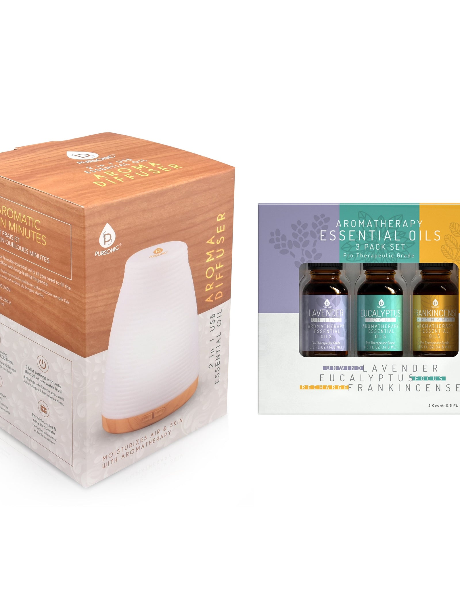 Pursonic Aromatherapy 2 in 1 USB Diffuser & Essential Oil Set-Ultrasonic Top 3 Oils-300ml with 2 Mist Settings 7 Ambient Light Settings by Pursonic