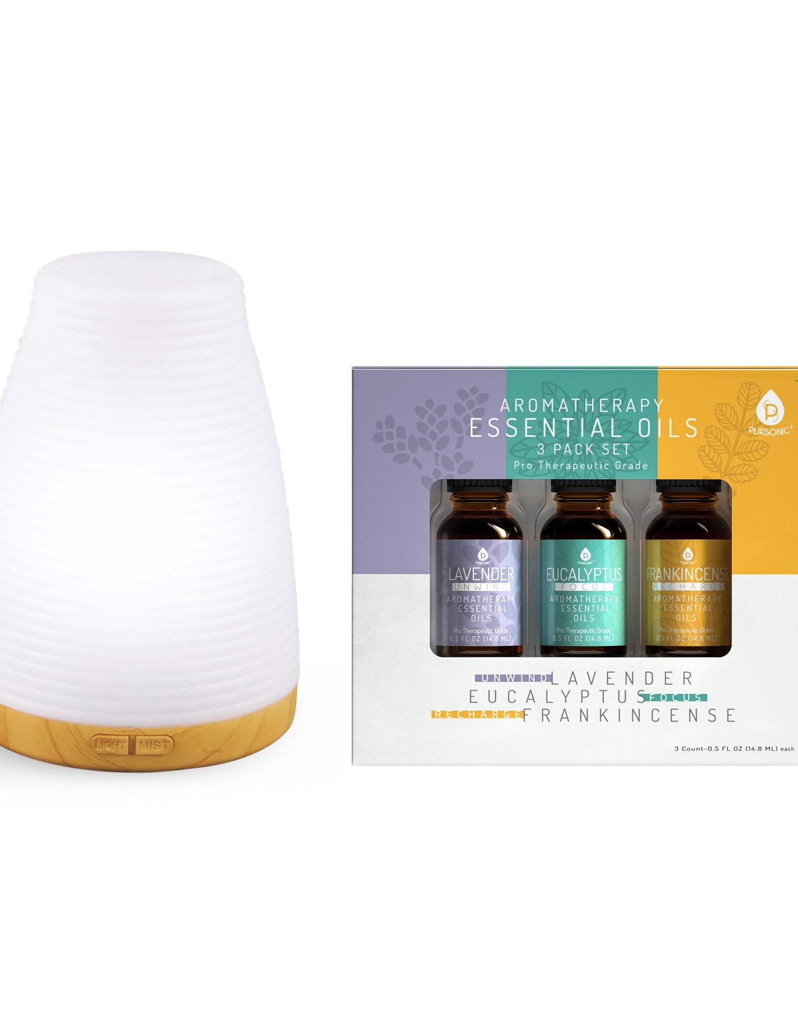Pursonic Aromatherapy 2 in 1 USB Diffuser & Essential Oil Set-Ultrasonic Top 3 Oils-300ml with 2 Mist Settings 7 Ambient Light Settings by Pursonic