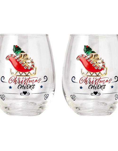 Load image into Gallery viewer, Crystal Christmas Santa's Sleigh Wine &amp; Water Glasses - Set of 2, 17.5oz - Xmas Diamond Merry Christmas Santa Holiday Festive Theme Stemless Glass - New Year Holiday Gifts for Men Women Friend Family by The Wine Savant
