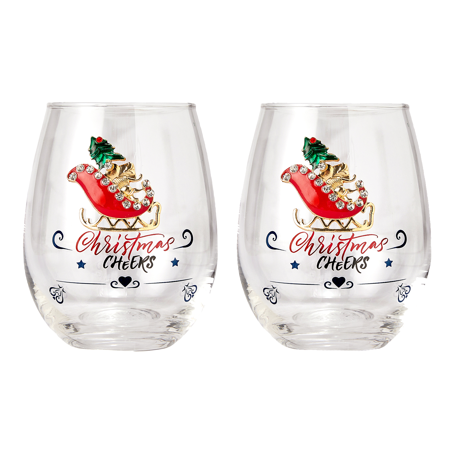 Crystal Christmas Santa's Sleigh Wine & Water Glasses - Set of 2, 17.5oz - Xmas Diamond Merry Christmas Santa Holiday Festive Theme Stemless Glass - New Year Holiday Gifts for Men Women Friend Family by The Wine Savant