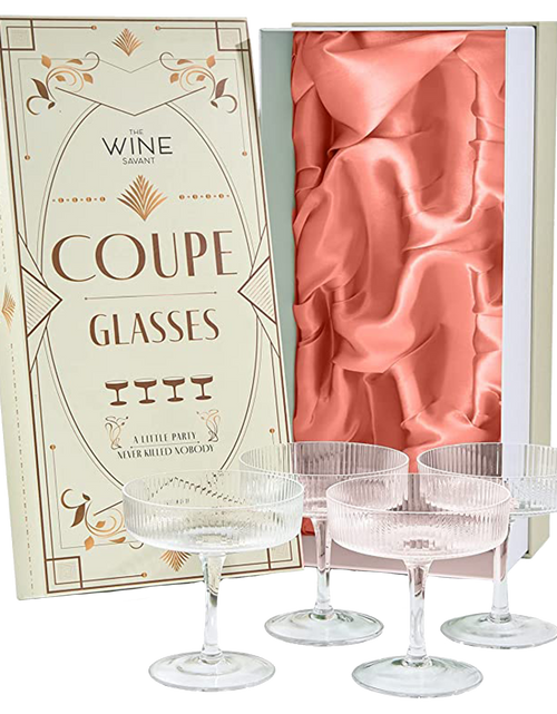Load image into Gallery viewer, Ribbed Coupe Cocktail Glasses 8 oz | Set of 4 | Classic Manhattan Glasses For Cocktails, Champagne Coupe, Ripple Coupe Glasses, Art Deco Gatsby Vintage, Crystal with Stems (Clear) by The Wine Savant
